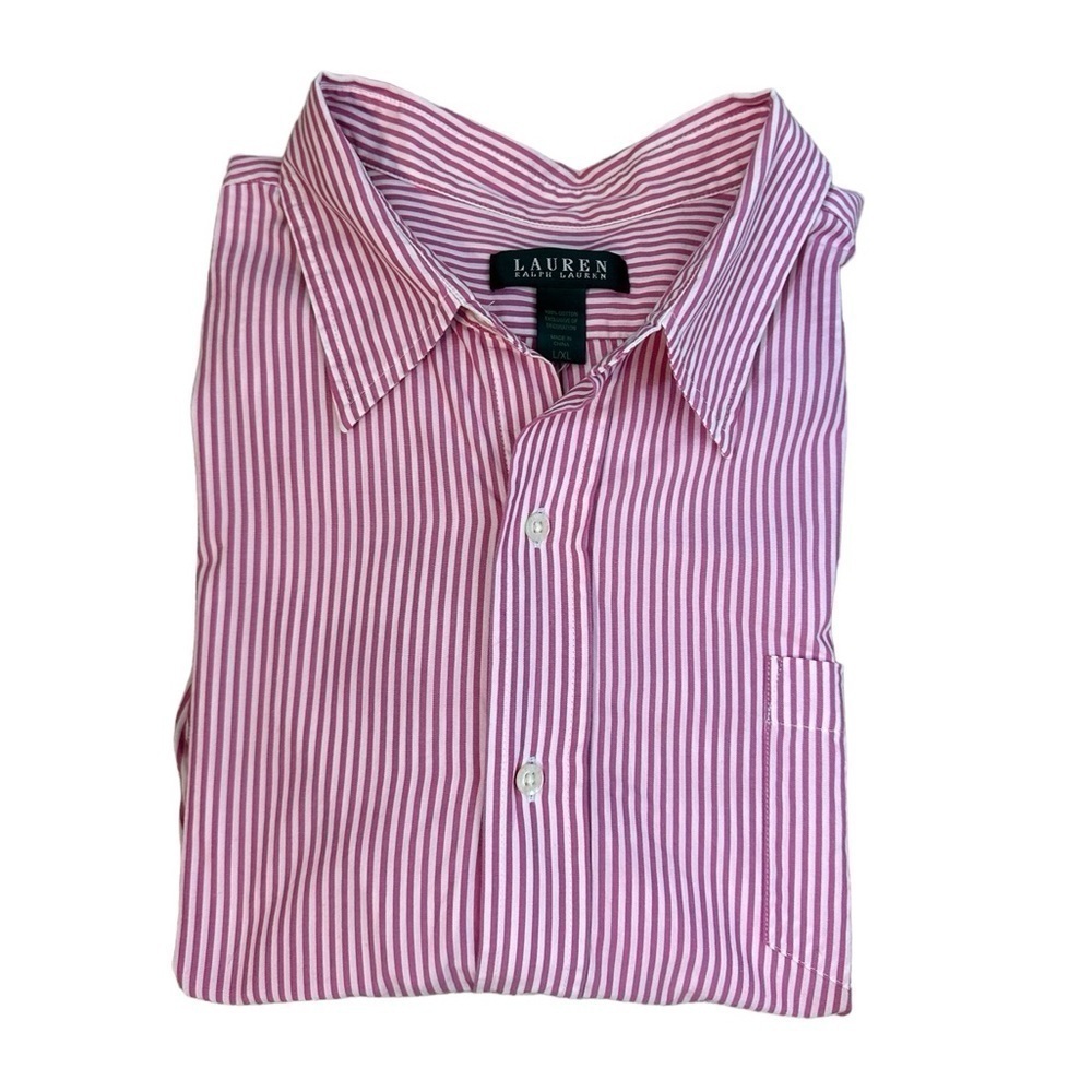 Lauren Ralph Pink Striped Button Down Shirt 100% Cotton Large Logo Size XL Men’s